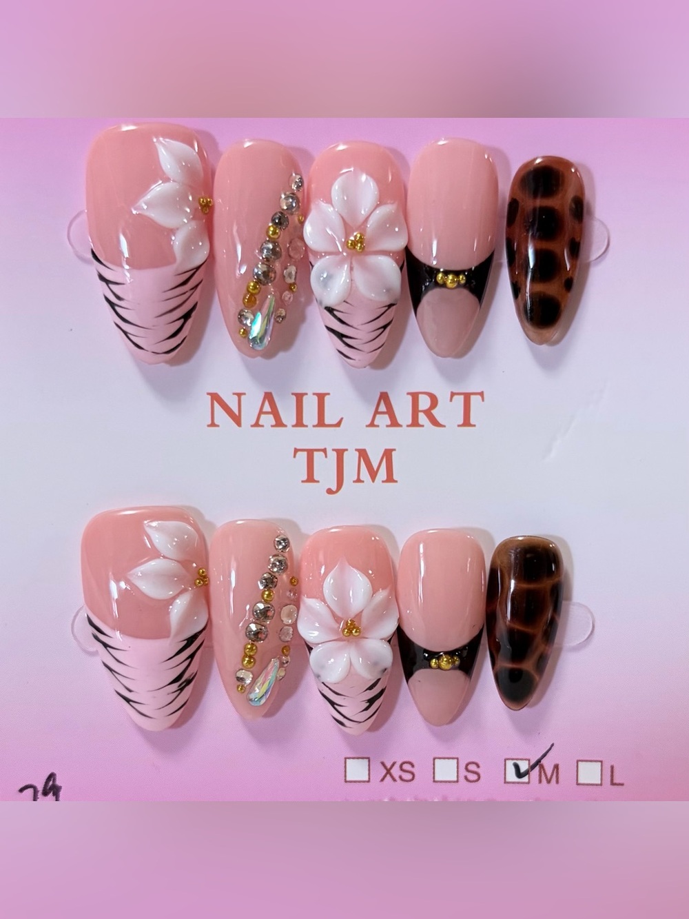 Hand-Painted Pink Floral Press-On Nail Set with Rhinestones